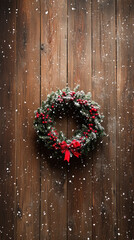 A wreath with red and green berries is sitting on a wooden surface. The wreath is covered in snow, giving it a festive and cozy appearance