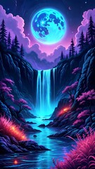 Fototapeta premium Synthwave Moonlit Waterfall Surrounded by Neon Glowing Flora