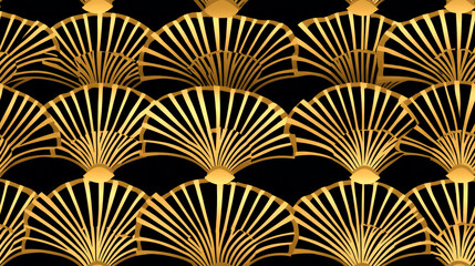 A seamless pattern of golden, overlapping, art deco fans on a black background.
