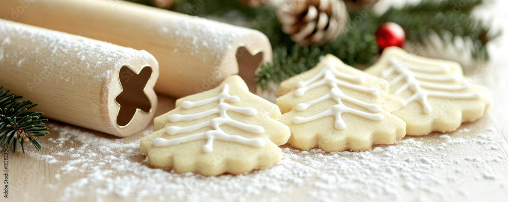 Poster a tray of cookies with a tree on top and a wooden rolling pin. the cookies are decorated with icing 