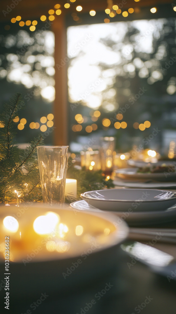 Poster a table with a bunch of plates and glasses with candles on it. the table is set for a dinner party