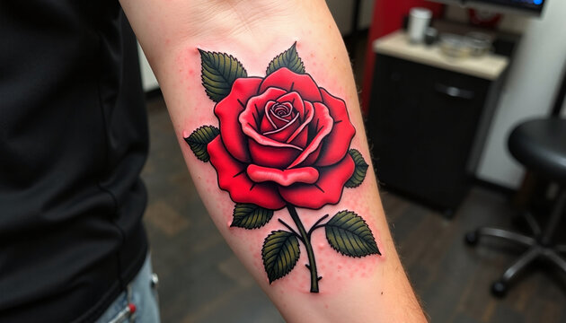 Realistic red rose tattoo with green leaves on forearm
