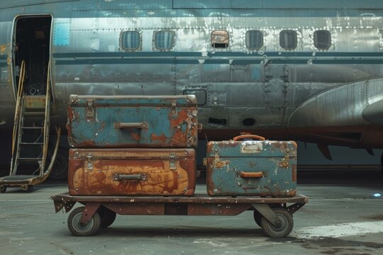 Fototapeta Three vintage suitcases sitting on a luggage cart with an old airplane in the background