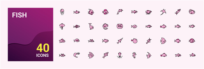 Fish line colorful icons set. Collection of outline types filled color sign. Editable stroke. Pixel perfect symbol pack. Vector illustration.