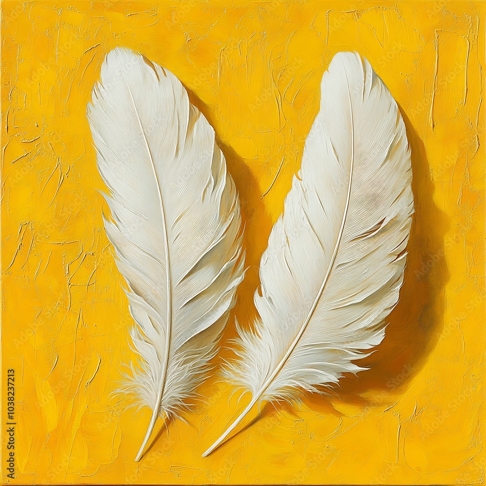 Poster closeup view of two soft white feathers drifting gracefully on a warm yellow background capturing th