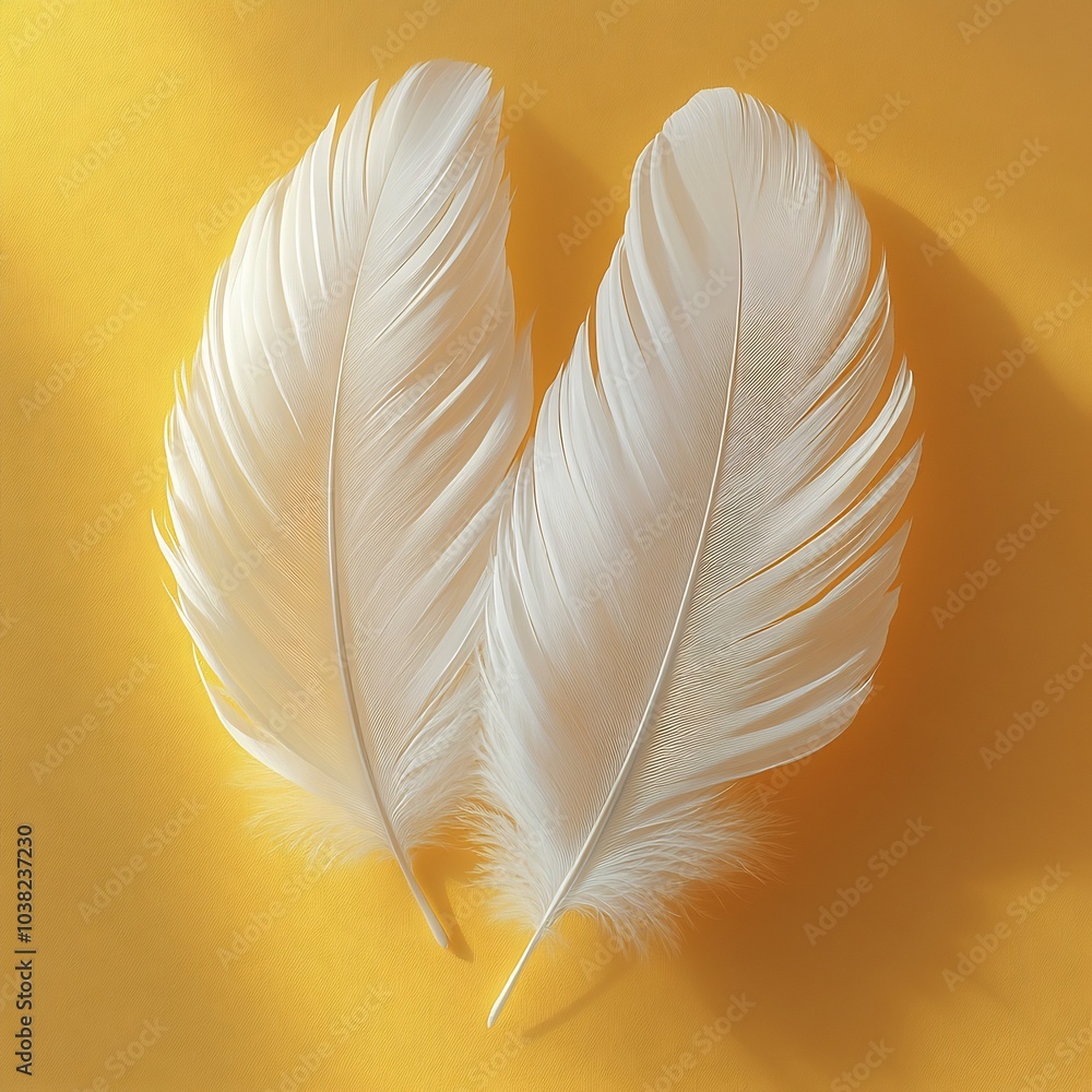 Poster closeup view of two soft white feathers drifting gracefully on a warm yellow background capturing th