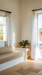 Bright and airy interior featuring a cozy beige bench, flowing white curtains, and a lush green plant by a sunlit window, creating a serene and inviting atmosphere.