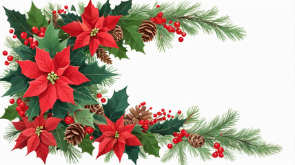 Christmas Frame with Watercolor Pine and Poinsettia