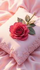 Close-up of rose on lace pillow, soft and romantic atmosphere, elegant composition