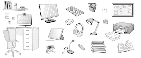 set elements about online learning - keyboard, printer, camera, microphone, tablet, stylus, screen, mouse computer, books, student's desk, lamp, chair