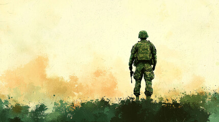 Fototapeta premium A soldier in camouflage stands with his back to the viewer, facing a bright and hopeful sunrise.