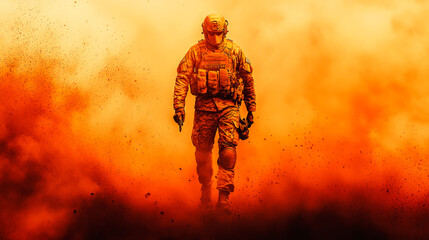 A soldier in camouflage walks through a cloud of orange dust, holding a gun.