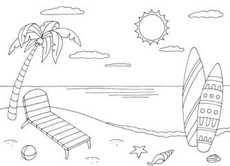 Surfboard sea coast graphic beach black white landscape sketch illustration vector 
