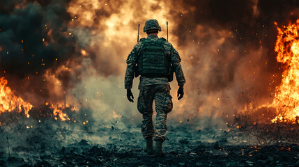 Naklejka premium A soldier walks towards a raging fire, a dramatic depiction of courage and resilience in the face of adversity.