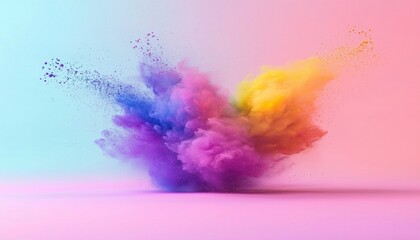 Obraz premium A vibrant explosion of colorful powder creating a dynamic and artistic visual effect against a soft gradient background.
