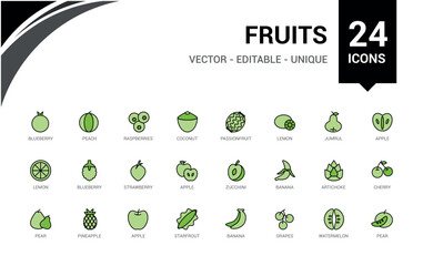 Fruits line colorful icons set, Collection of fruites and berries. Editable stroke. Pixel perfect line and filled color icon pack.