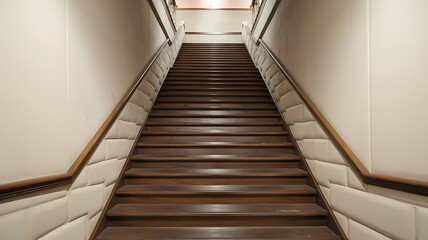 Fototapeta premium Elegant wooden staircase leading upwards, flanked by smooth beige walls and a stylish handrail, creating a modern and inviting atmosphere in an interior space.