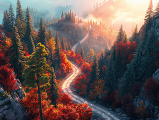A winding road through vibrant autumn scenery, surrounded by colorful trees and misty mountains, creating a picturesque landscape.