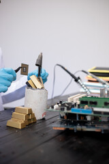 Technicians meticulously repair electronic components to turn them into precious gold. This process emphasizes advanced technical skills.