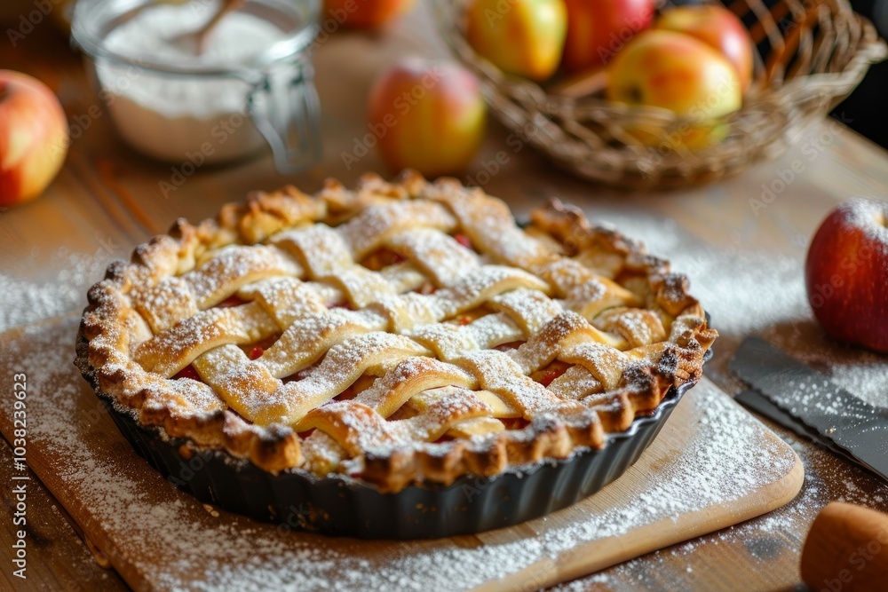 Wall mural delicious homemade apple pie resting on a wooden table with a lattice crust and powdered sugar