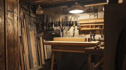 A cozy woodworking corner in a basement workshop, Power tools, lumber