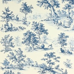Toile de Jouy** Pattern - A pattern depicting pastoral or historical scenes, often in a single color on a light background.