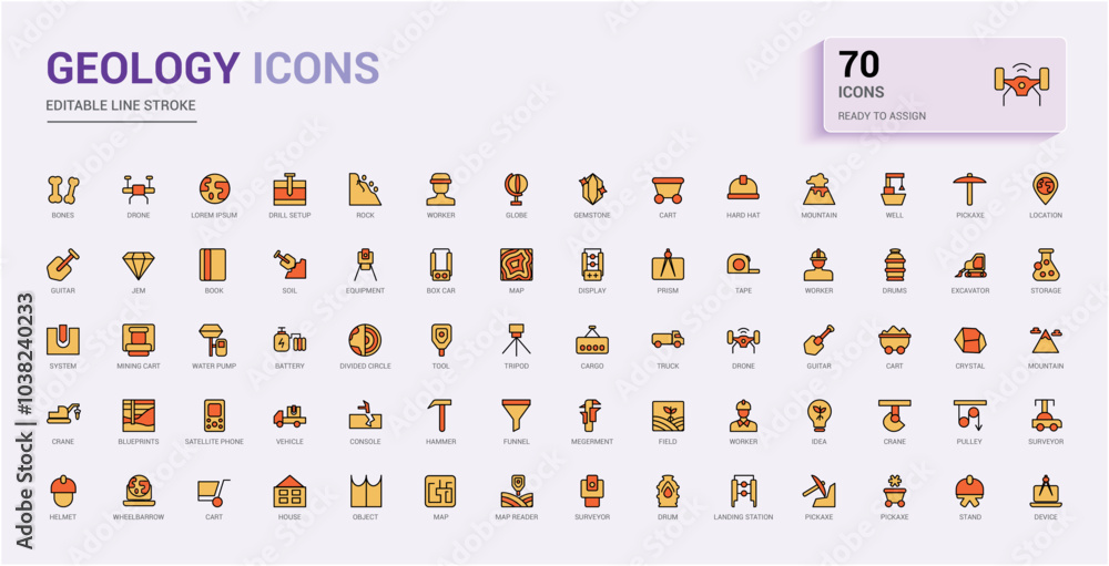 Poster set of line colorful geology icons. filled and line style color icons bundle. editable stroke. pixel
