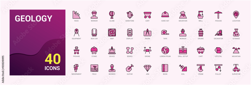 Poster set of line colorful geology icons. filled and line style color icons bundle. editable stroke. pixel