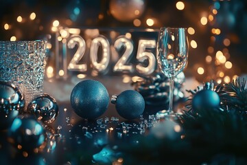 &bdquo;2025&ldquo; Neujahrsdekoration mit blauen Kugeln