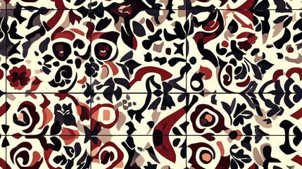 Abstract floral pattern in red, black and cream on a white background.
