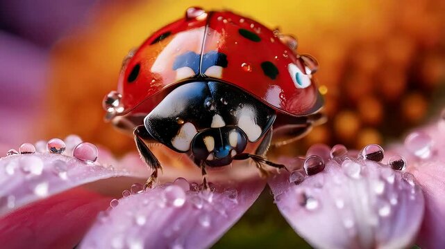Macro photography showcasing a ladybug with water droplets on its back, standing on a vibrant flower. The image highlights the intricate details and vibrant colors of nature