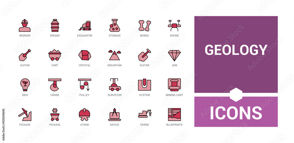 Poster set of line colorful geology icons. filled and line style color icons bundle. editable stroke. pixel