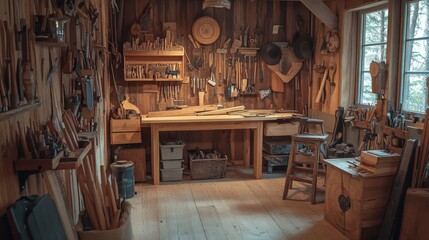 A cozy woodworking workshop filled with the scent of freshly cut wood, Hand tools and wood projects in various stages, Artisan craftsmanship style