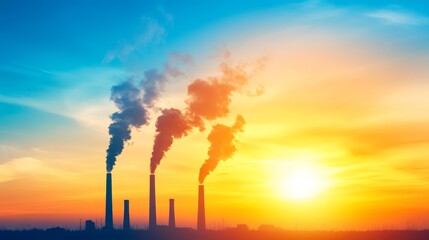 Industrial smoke stacks at sunset with vibrant sky and environmental concerns.
