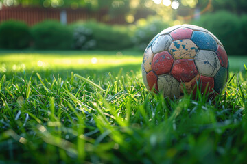 A colorful soccer ball rests on vibrant green grass, basking in the soft sunlight in a serene outdoor setting.