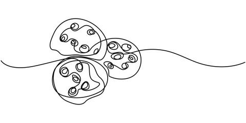 Continuous one line drawing of chip cookies. Dessert concept. Single line draw design vector graphic illustration, Cookies Drawing, Cookie Hand Drawn Icon Design