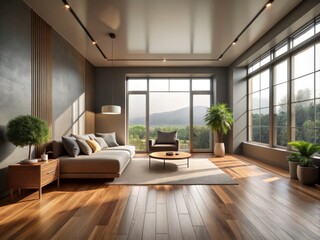 Fototapeta premium Minimalist Room with Gray Walls and Wooden Flooring Bathed in Natural Light, Long Exposure Photography for Interior Design Inspiration and Aesthetic Spaces