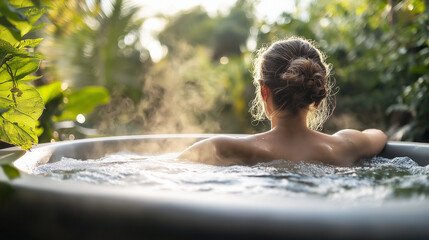 Woman relaxing in an outdoor hot tub surrounded by lush greenery, enjoying a serene moment in nature, perfect for wellness, spa, and relaxation themes.