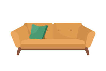 Double-seat sofa in flat vector style with a green pillow on one side, clean lines and minimal design