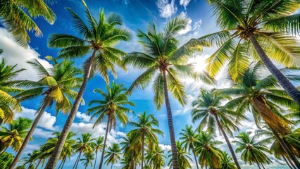 Sunlight Filtering Through A Canopy Of Palm Trees, Casting Shadows On The Lush Green Foliage Below