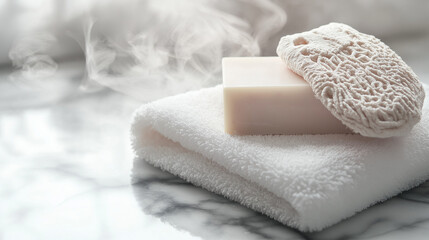 Luxurious white towels, soap, and bath sponge arranged on a marble surface with gentle steam, perfect for themes of wellness, spa relaxation, and luxurious bathroom setups.