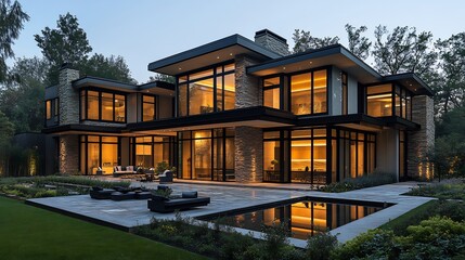 Obraz premium Contemporary home exterior featuring stylish lighting that highlights its architectural beauty The garden is a vibrant display of evening colors creating a serene and luxurious ambiance