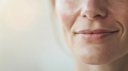 Obraz premium Close-up of a woman's smile showcasing her natural beauty and radiant complexion against a soft, blurred background