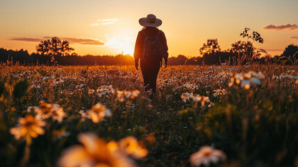 Farmer Walking Through a Field at Sunset, Ai Generative