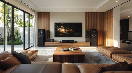 Contemporary living room design showcasing minimalist TV wall an elegant leather sofa with soft throw pillows a wooden coffee table and an advanced audio system for immersive entertainment experiences