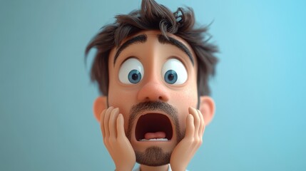 Shocked scared amazed cartoon character adult man male guy person portrait in 3d style design on light background. Human people feelings expression concept
