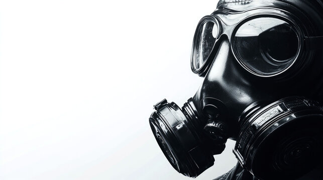 Close-up of a black gas mask on a white background.