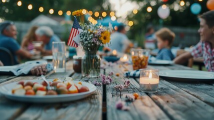Outdoor gathering with friends and family enjoying food and drinks at sunset surrounded by decorations and warm lights