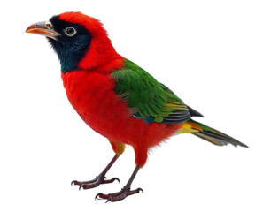 Colorful Exotic Bird with Bright Red and Green Plumage isolated on a white background