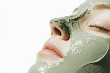 Naklejka premium A girl with a cosmetic mask on her face. Concept: cosmetic procedures, skin care in winter. Cosmetology. Spa. 